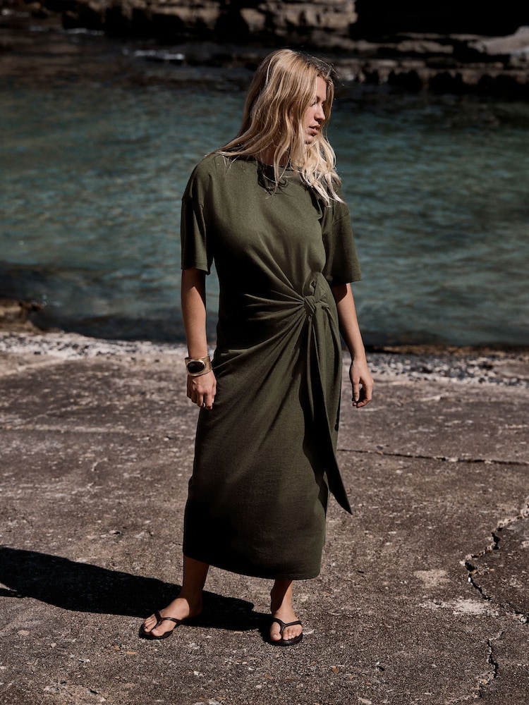 Khaki Green Tie Waist Midi T-Shirt Dress - Image 1 of 7