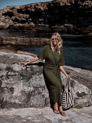 Khaki Green Tie Waist Midi T-Shirt Dress - Image 2 of 7