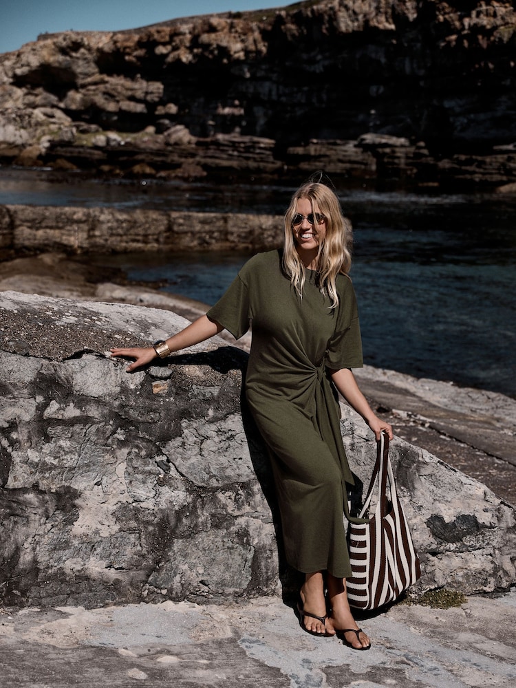 Khaki Green Tie Waist Midi T-Shirt Dress - Image 2 of 7