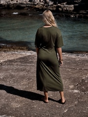 Khaki Green Tie Waist Midi T-Shirt Dress - Image 3 of 7