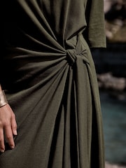 Khaki Green Tie Waist Midi T-Shirt Dress - Image 4 of 7