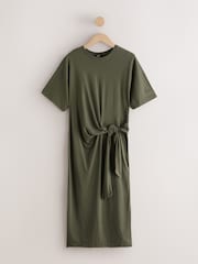 Khaki Green Tie Waist Midi T-Shirt Dress - Image 5 of 7