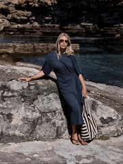 Navy Tie Waist Midi T-Shirt Dress - Image 1 of 7