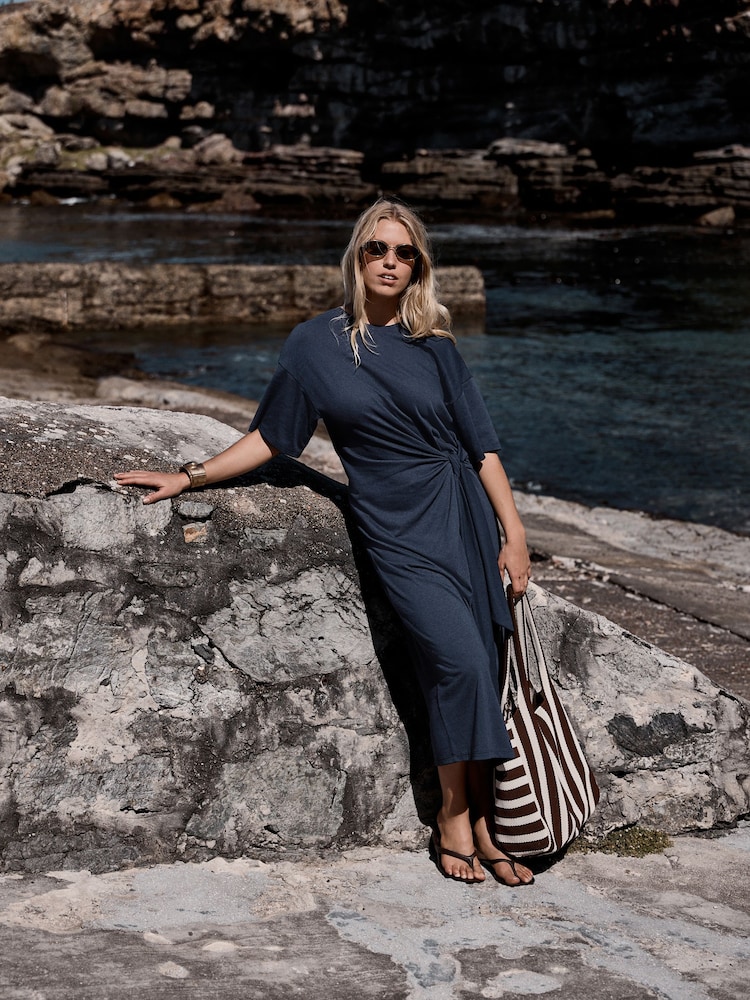 Navy Tie Waist Midi T-Shirt Dress - Image 1 of 7