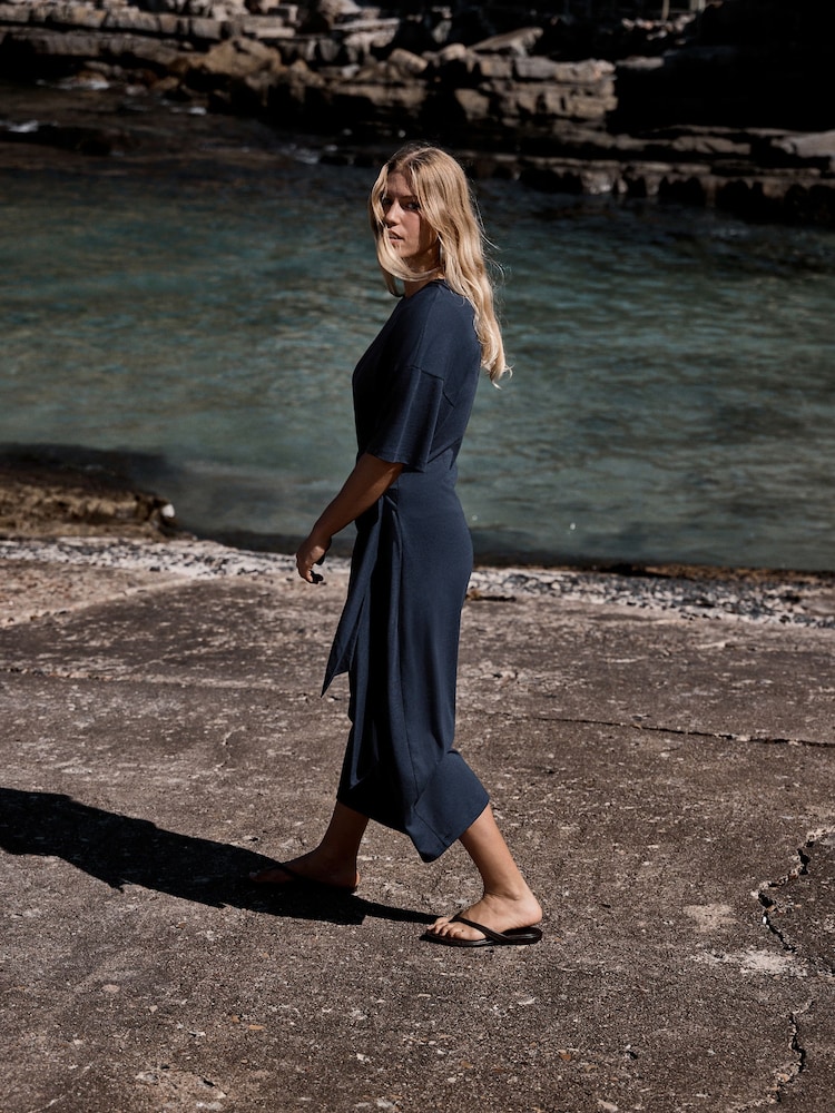 Navy Tie Waist Midi T-Shirt Dress - Image 2 of 7