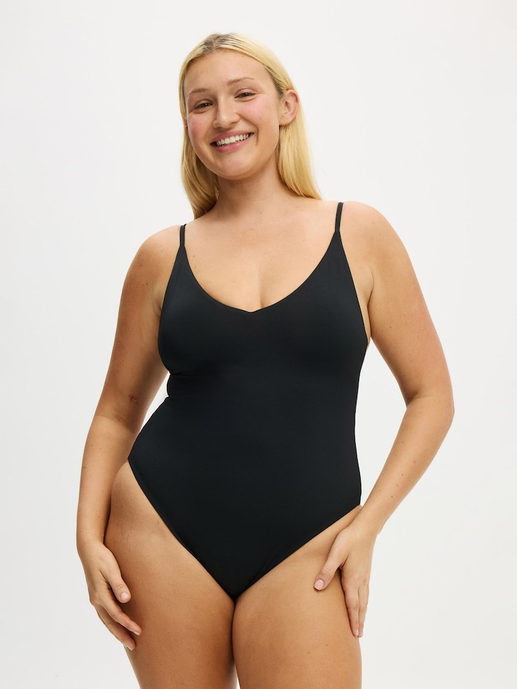 Cotton On Black Thin Strap V-Neck One-Piece Cheeky Swimsuit - Image 1 of 4