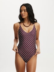 ブラウン - Cotton On 細ストラップ Vネックワンピース水着（チーキーカット） - 画像 1 / 4