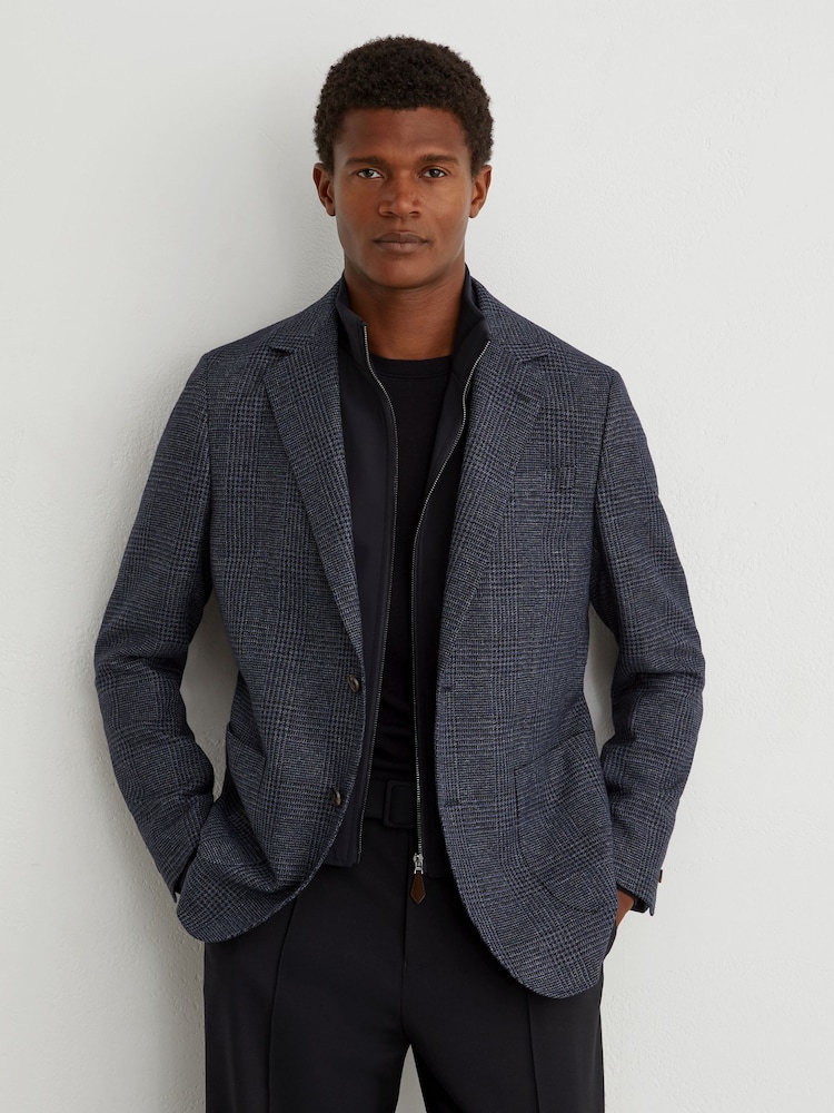 Reiss Navy Kyle Check Single-Breasted Blazer with Gilet Insert Tailored-Fit - Image 1 of 8 Reiss Navy Kyle Check Single-Breasted Blazer with Gilet Insert Tailored-Fit - Image 1 of 8