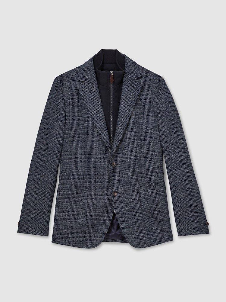Reiss Navy Kyle Check Single-Breasted Blazer with Gilet Insert Tailored-Fit - Image 2 of 8 Reiss Navy Kyle Check Single-Breasted Blazer with Gilet Insert Tailored-Fit - Image 2 of 8