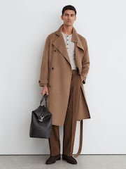 Reiss Camel Brown Selation Wool-Blend Blindseam Belted Overcoat - Image 1 of 7