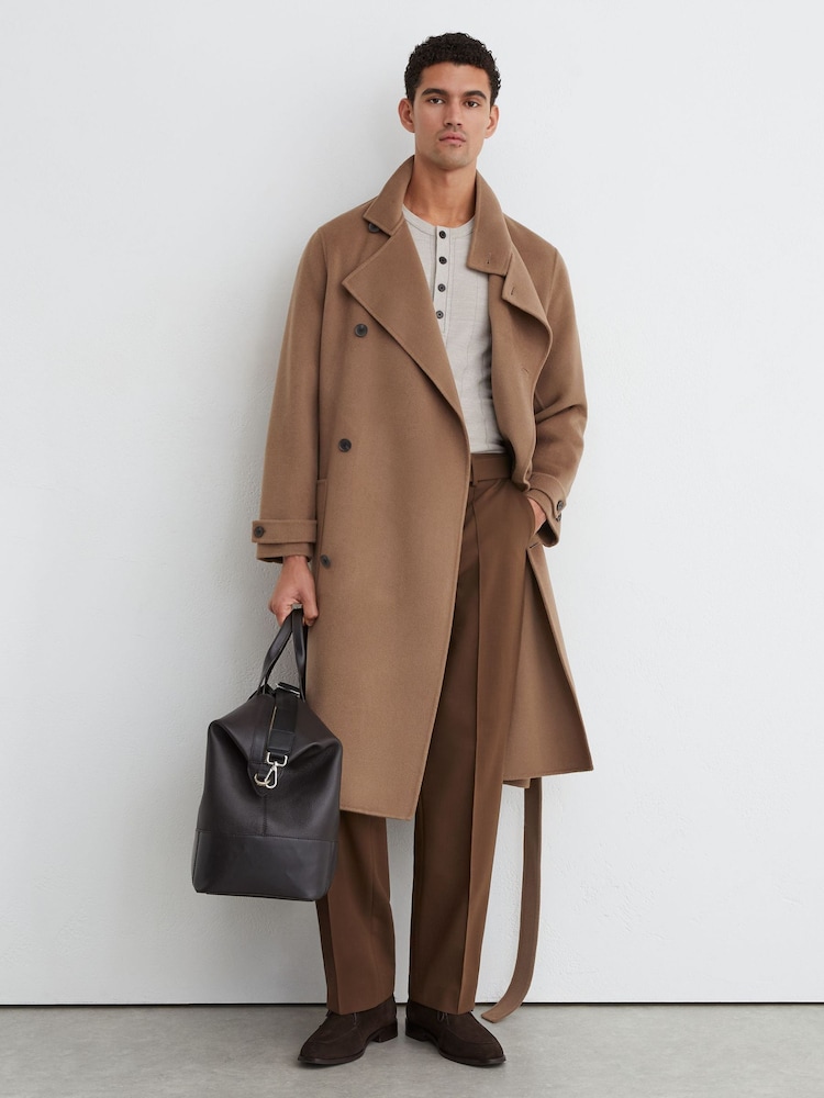 Reiss Camel Brown Selation Wool-Blend Blindseam Belted Overcoat - Image 1 of 7