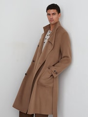 Reiss Camel Brown Selation Wool-Blend Blindseam Belted Overcoat - Image 6 of 7