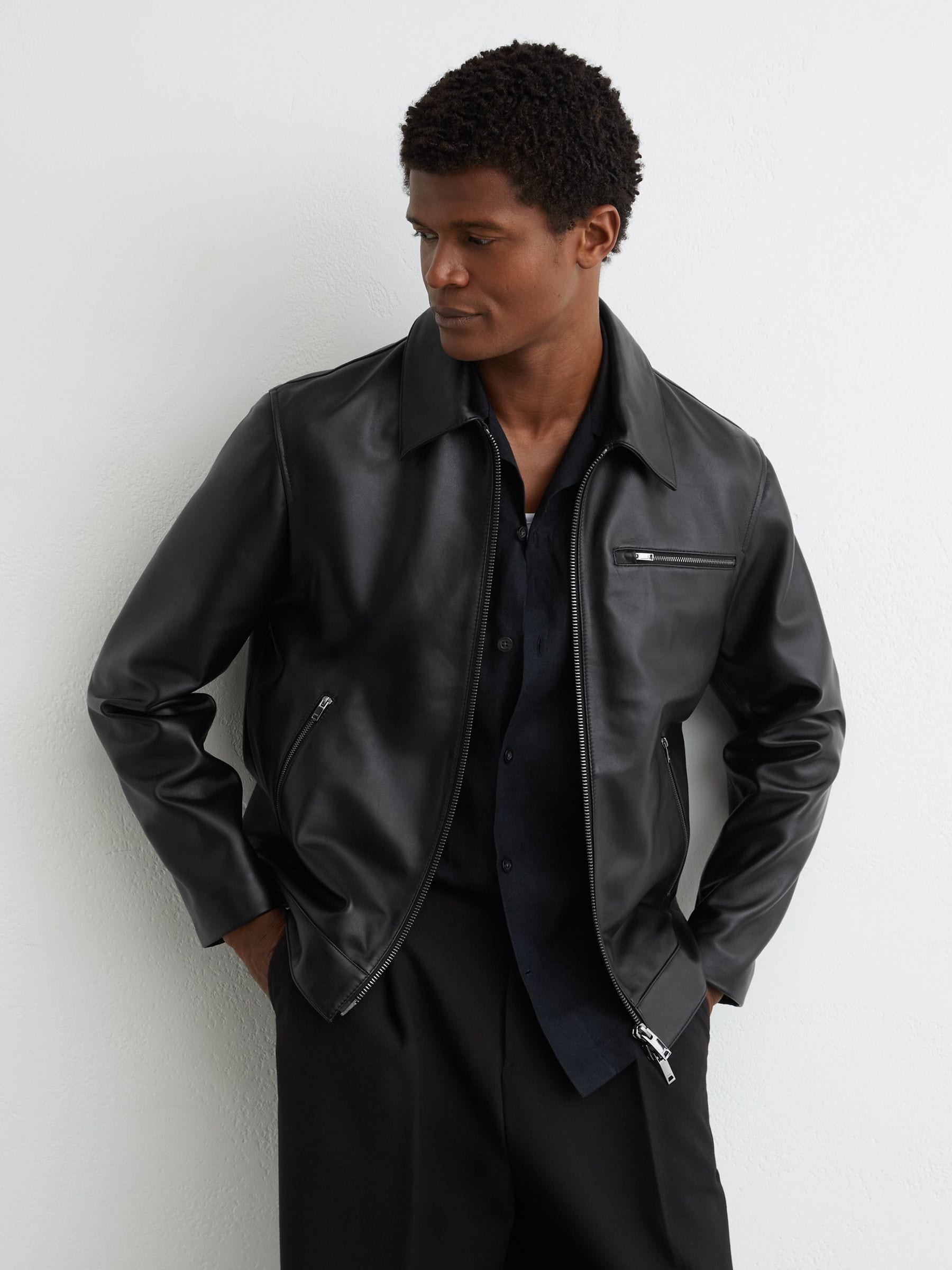 Buy Reiss Black Strader Leather Zip-Through Jacket from the Next