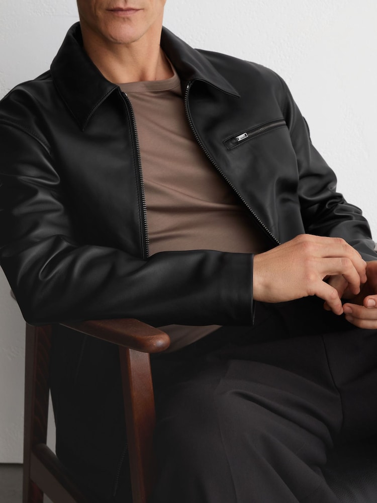 Reiss Black Strader Leather Zip-Through Jacket - Image 1 of 6