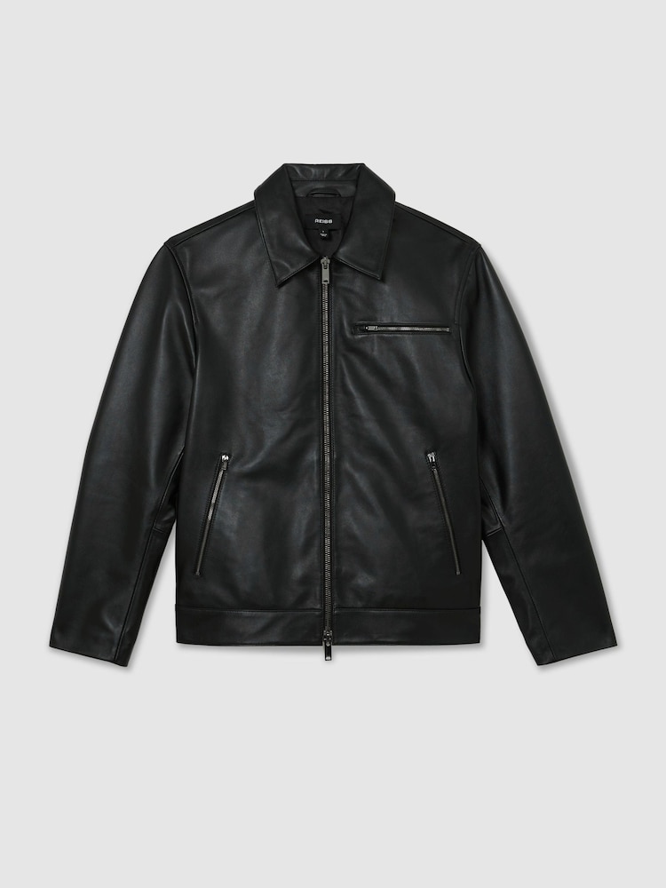 Reiss Black Strader Leather Zip-Through Jacket - Image 2 of 6