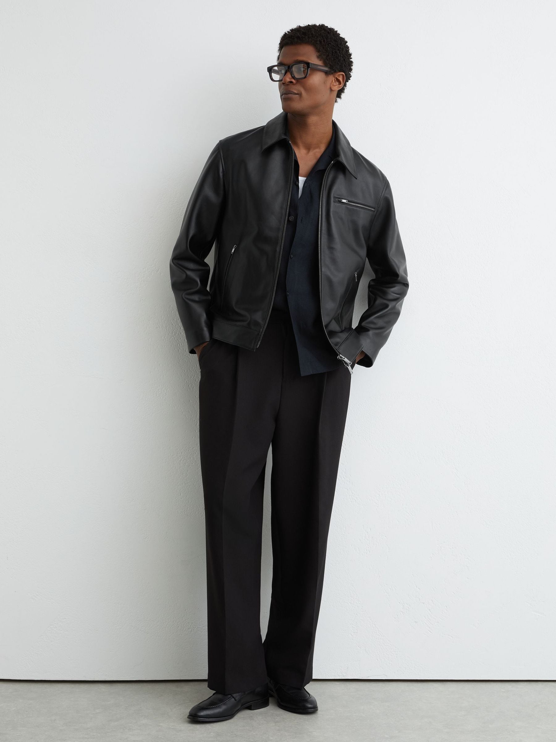 Buy Reiss Black Strader Leather Zip-Through Jacket from the Next