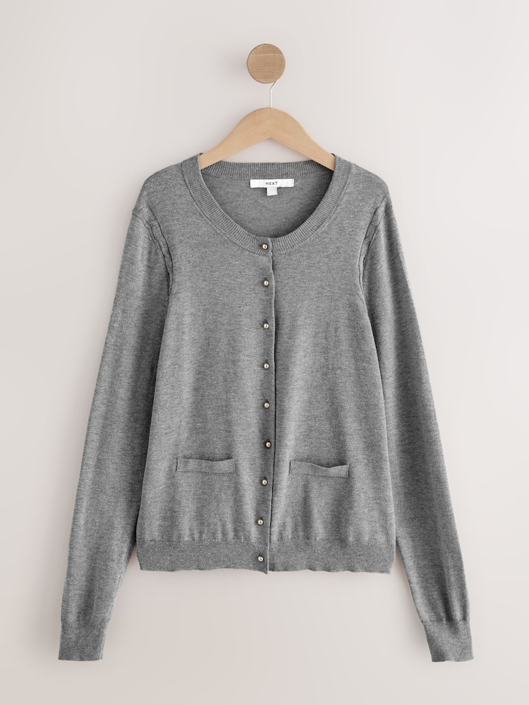 Grey Soft Touch Cotton Rich Crew Neck Cardigan - Image 1 of 7 Grey Soft Touch Cotton Rich Crew Neck Cardigan - Image 1 of 7