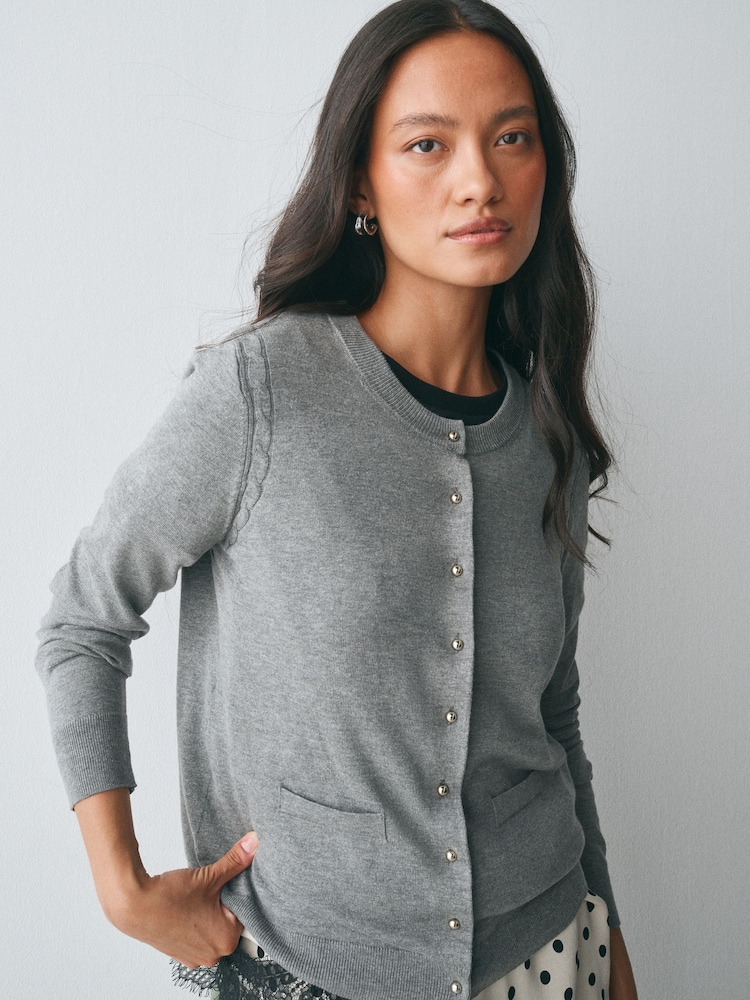 Grey Soft Touch Cotton Rich Crew Neck Cardigan - Image 2 of 7 Grey Soft Touch Cotton Rich Crew Neck Cardigan - Image 2 of 7