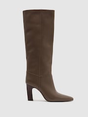 Reiss Taupe Anya Leather Block-Heel Knee-High Boots - Image 2 of 6