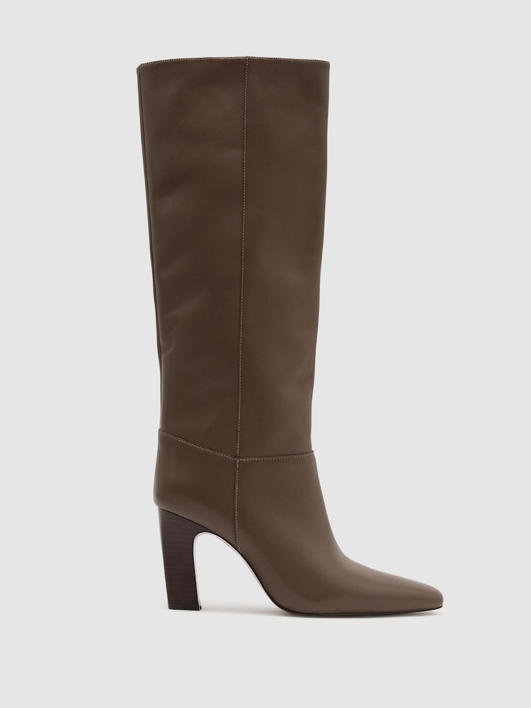 Reiss Taupe Anya Leather Block-Heel Knee-High Boots - Image 2 of 6 Reiss Taupe Anya Leather Block-Heel Knee-High Boots - Image 2 of 6