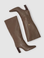 Reiss Taupe Anya Leather Block-Heel Knee-High Boots - Image 3 of 6