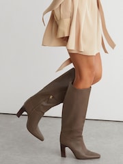 Reiss Taupe Anya Leather Block-Heel Knee-High Boots - Image 4 of 6