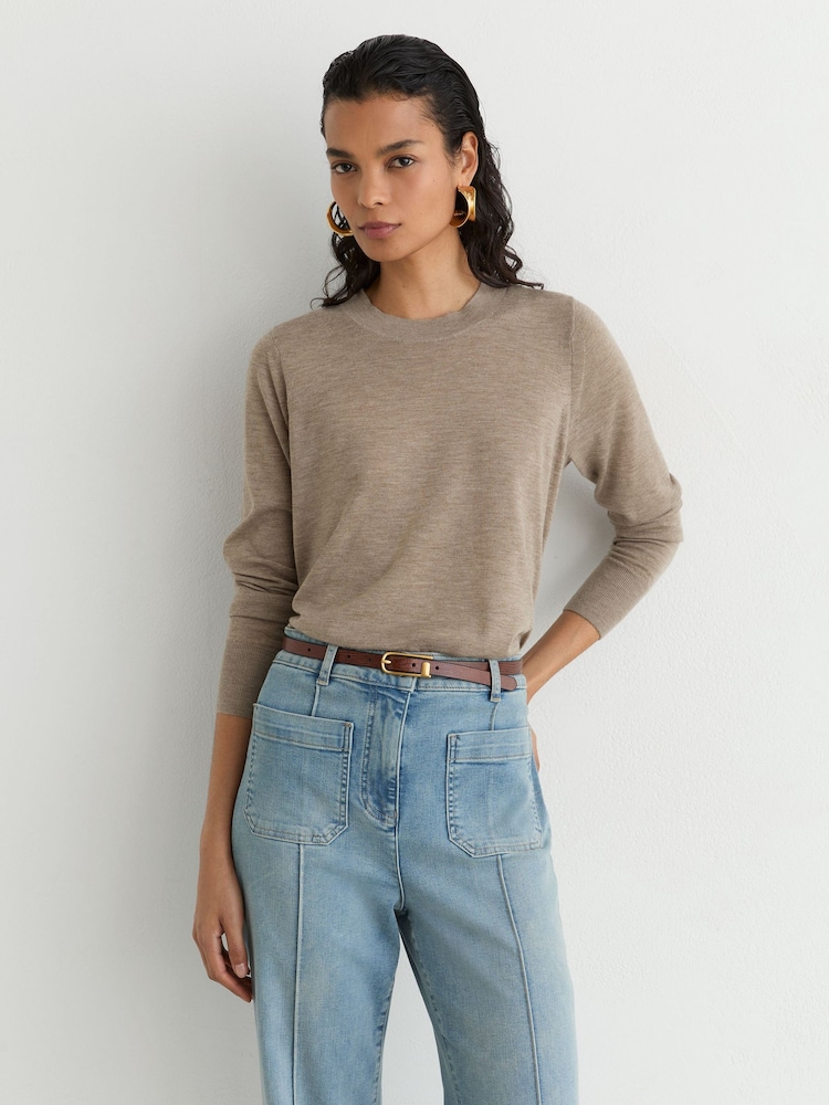 Reiss Neutral Sadie Merino Wool Crew-Neck Jumper - Image 1 of 6 Reiss Neutral Sadie Merino Wool Crew-Neck Jumper - Image 1 of 6