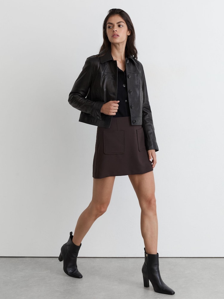 Reiss Black Blakely Leather Chisel-Toe Block-Heel Ankle Boots - Image 1 of 5 Reiss Black Blakely Leather Chisel-Toe Block-Heel Ankle Boots - Image 1 of 5