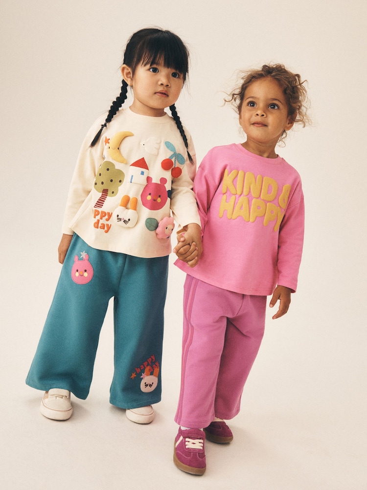 وردي وبيج فاتح بتصميم أرنب مبطن - Long Sleeve & Wide Leg Trousers Set 2 Pack (3mths-7yrs) - صورة 1 من 12
