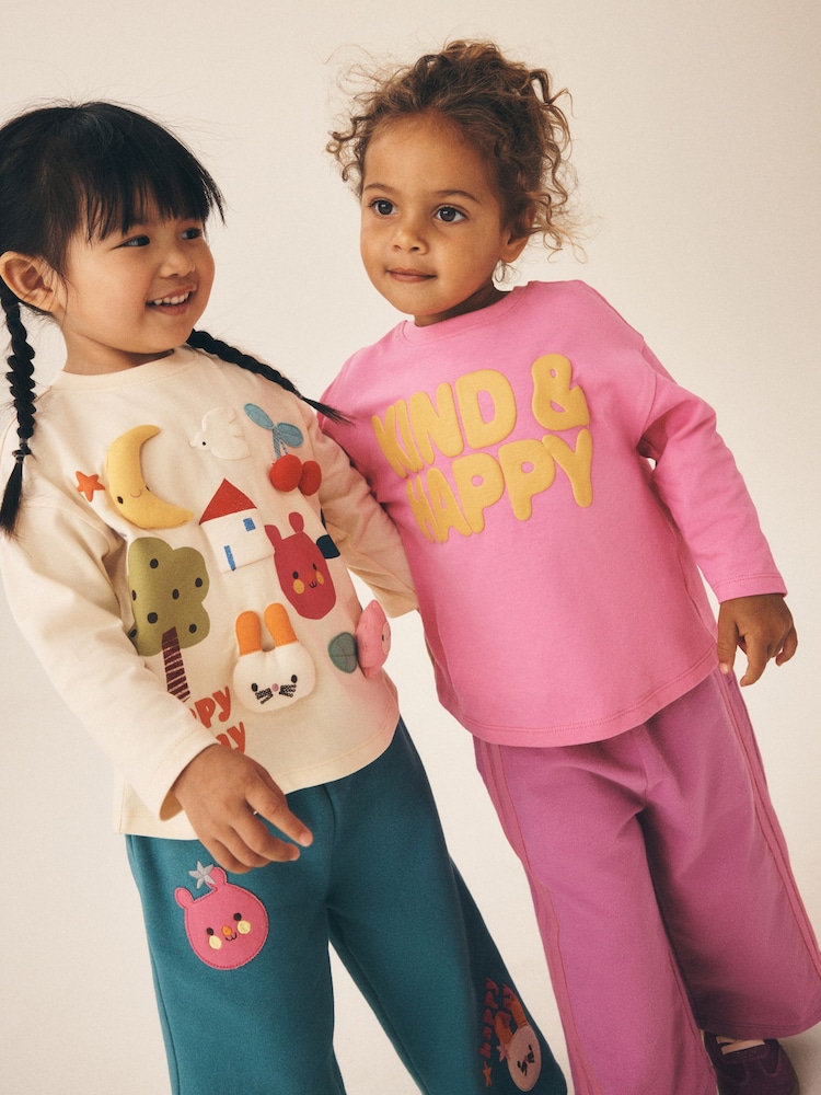 وردي وبيج فاتح بتصميم أرنب مبطن - Long Sleeve & Wide Leg Trousers Set 2 Pack (3mths-7yrs) - صورة 2 من 12