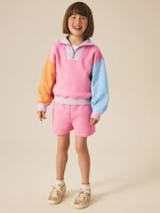 Little Bird by Jools Oliver Rainbow Colourblock 1/4 Zip Sweat Top and Short 2 Piece Set - Image 1 of 13