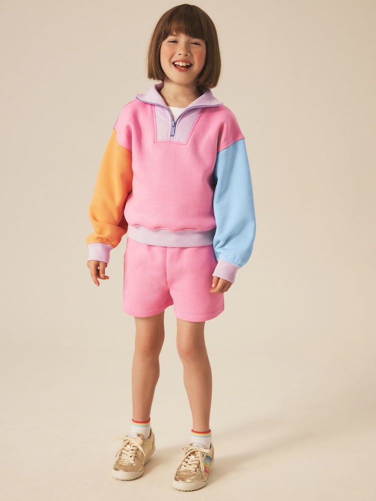 Little Bird by Jools Oliver Rainbow Colourblock 1/4 Zip Sweat Top and Short 2 Piece Set - Image 1 of 13