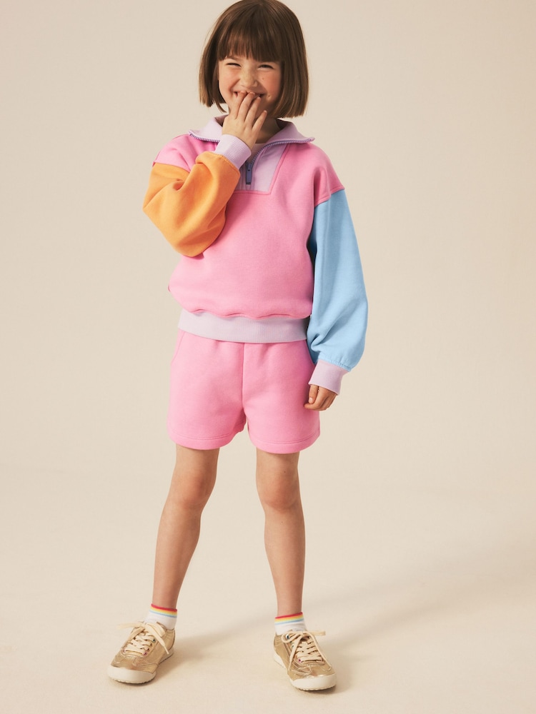 Little Bird by Jools Oliver Rainbow Colourblock 1/4 Zip Sweat Top and Short 2 Piece Set - Image 2 of 13