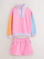Little Bird by Jools Oliver Rainbow Colourblock 1/4 Zip Sweat Top and Short 2 Piece Set - Image 8 of 13