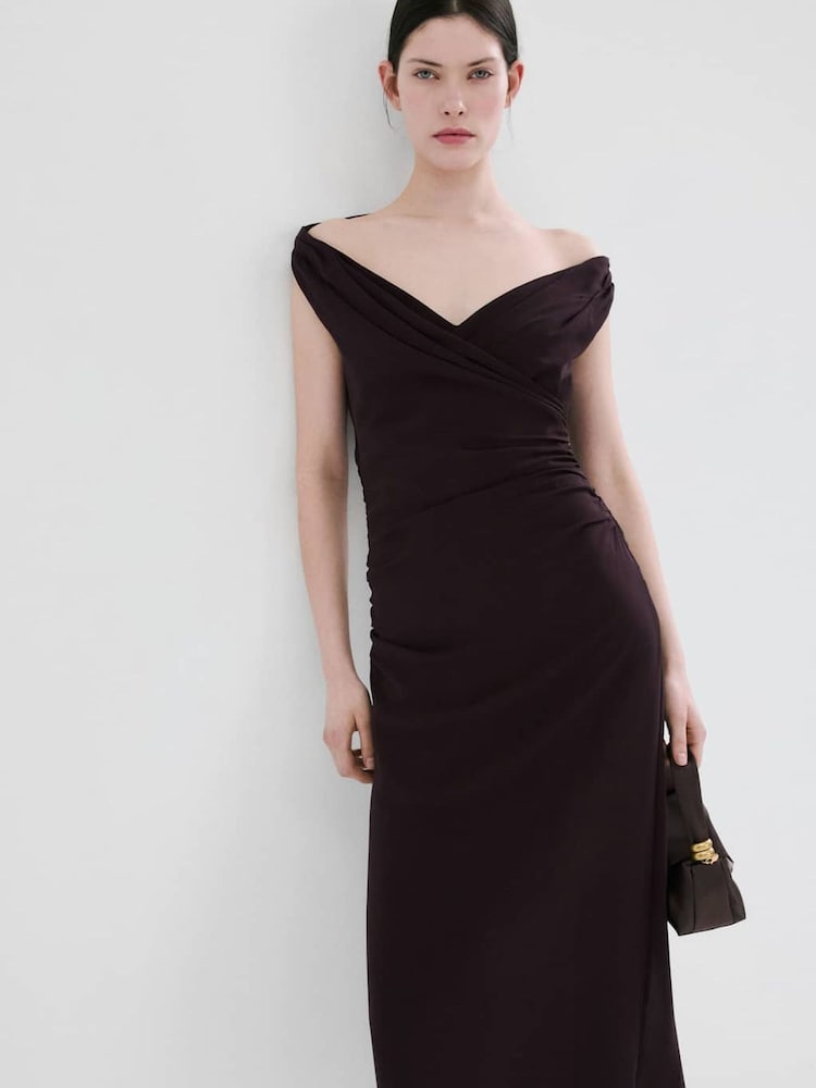 Mango Brown Sleeveless Ruched Mesh Dress - Image 2 of 6