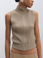 Mango Nude Zip Up Ribbed Cut Out Top - Image 1 of 4