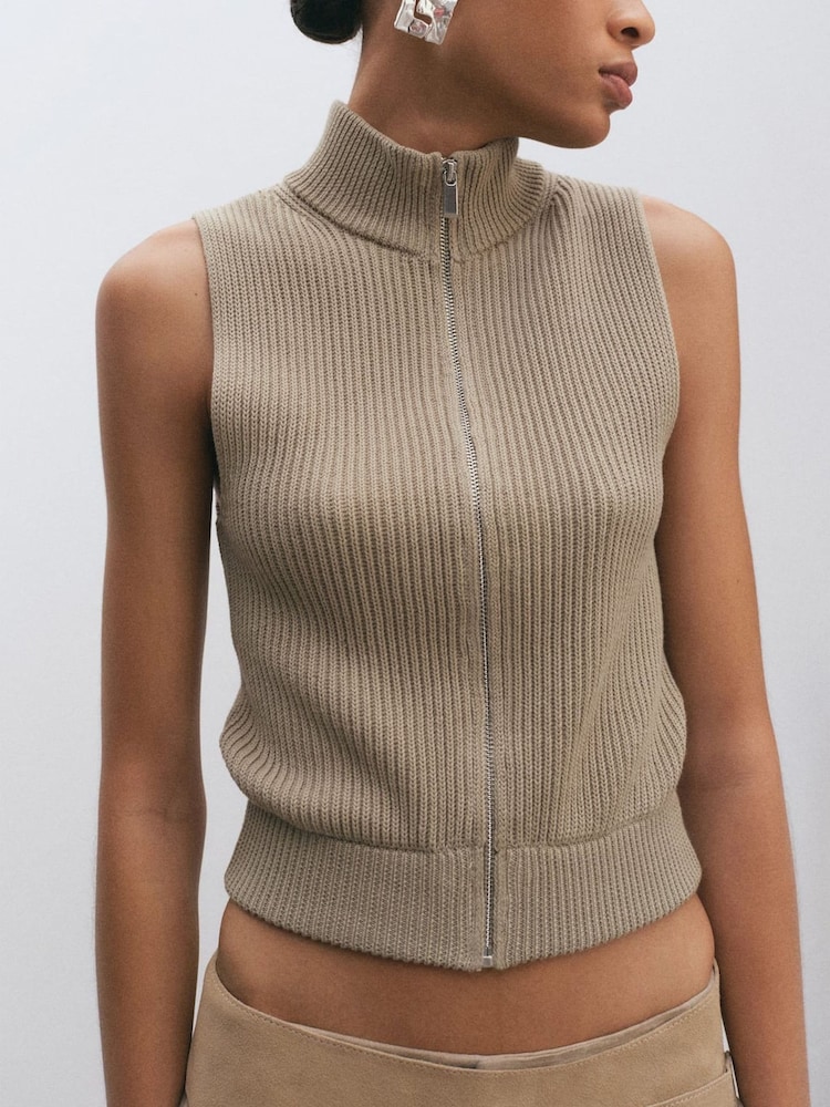 Mango Nude Zip Up Ribbed Cut Out Top - Image 1 of 4 Mango Nude Zip Up Ribbed Cut Out Top - Image 1 of 4