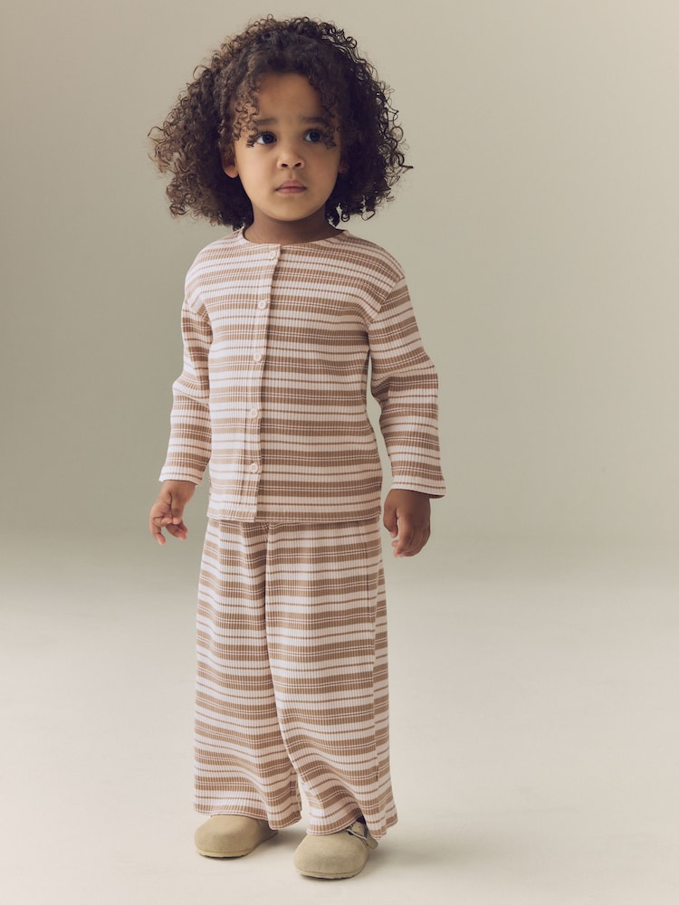 Neutral/Cream Stripe Ribbed Raglan Cardigan and Wide Leg Trousers Set (3mths-7yrs) - Image 1 of 8 Neutral/Cream Stripe Ribbed Raglan Cardigan and Wide Leg Trousers Set (3mths-7yrs) - Image 1 of 8