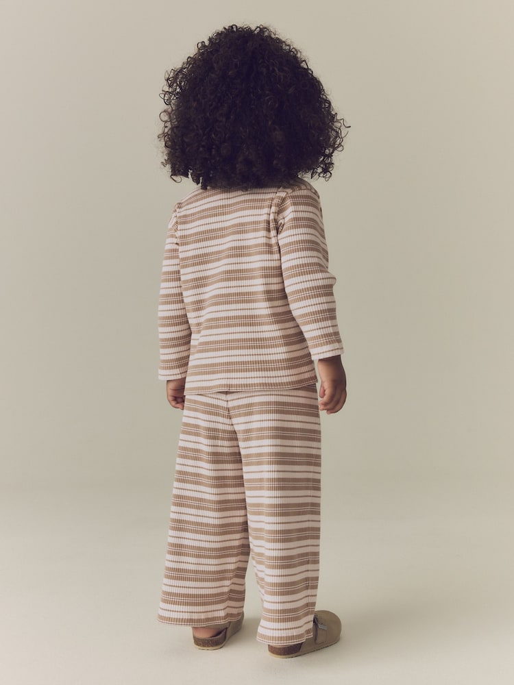 Neutral/Cream Stripe Ribbed Raglan Cardigan and Wide Leg Trousers Set (3mths-7yrs) - Image 2 of 8 Neutral/Cream Stripe Ribbed Raglan Cardigan and Wide Leg Trousers Set (3mths-7yrs) - Image 2 of 8