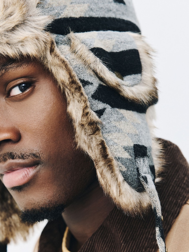 Grey Navajo Pattern Trapper Hat - Image 2 of 6