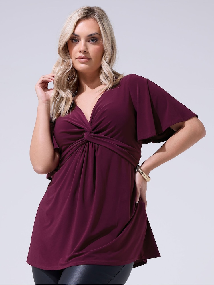 Yours Curve Purple London Angel Sleeve Knot Front Top - Image 1 of 5
