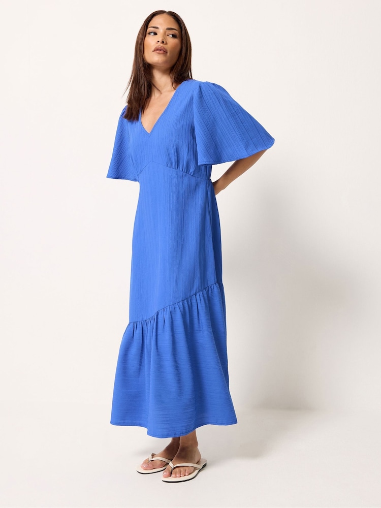PixieGirl Petite Blue Textured Asymmetric Midi Dress - Image 1 of 5