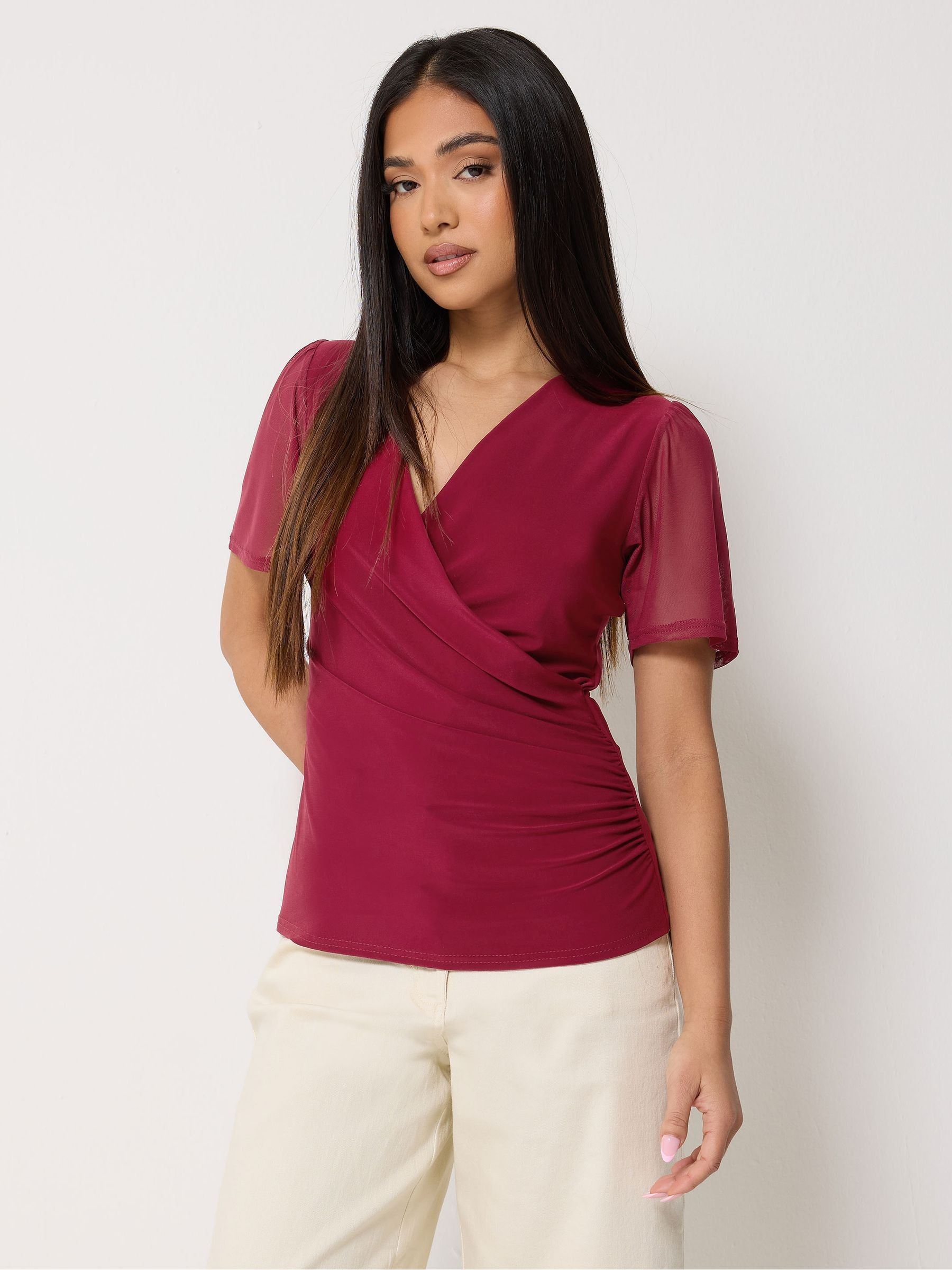 M & Co Women's Red Petite Mesh Short Sleeve Wrap Top