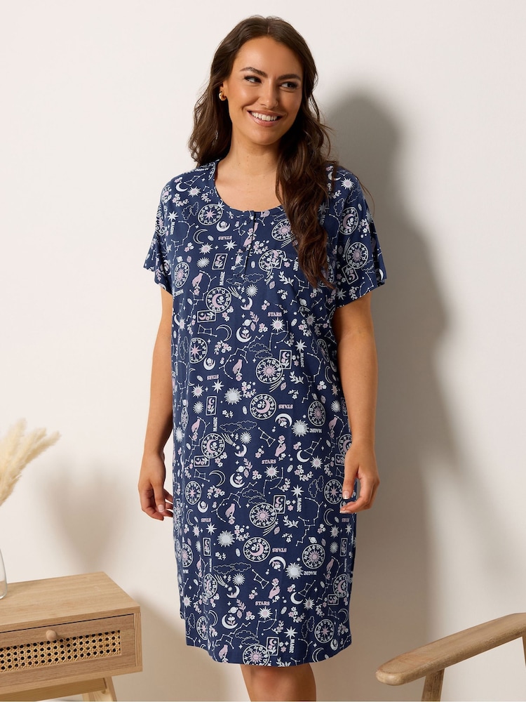 Yours Curve Blue Summer Celestial Placket Nightdress - Image 1 of 5