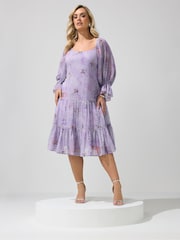 Yours Curve Purple London Floral Cold Shoulder Midi Dress - Image 2 of 5