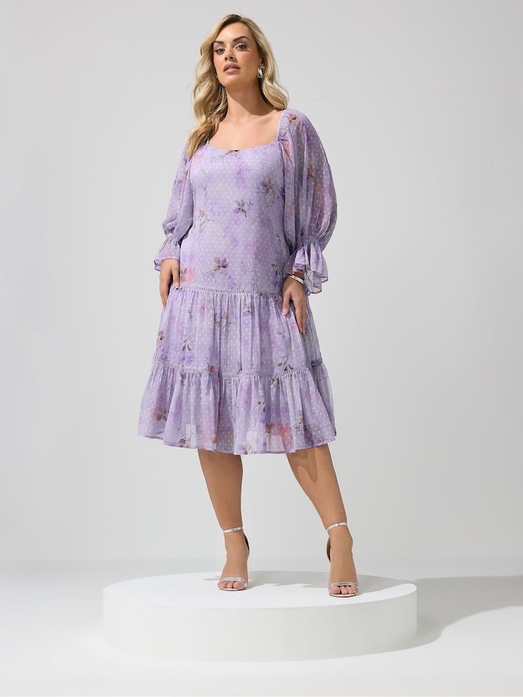 Yours Curve Purple London Floral Cold Shoulder Midi Dress - Image 2 of 5