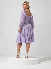 Yours Curve Purple London Floral Cold Shoulder Midi Dress - Image 3 of 5