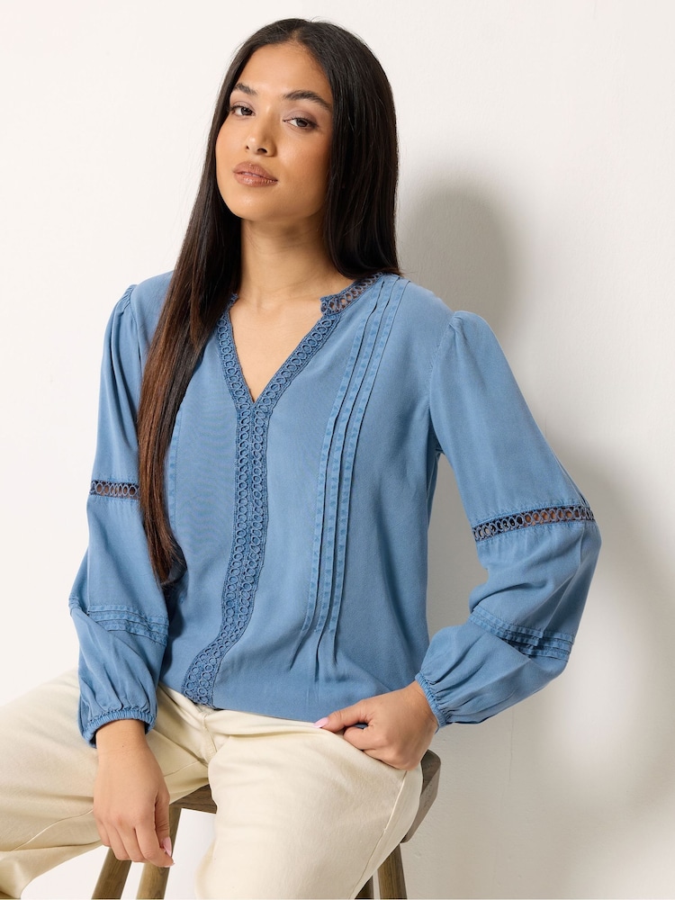 M&Co Blue Pintuck Trim Long Sleeve Blouse - Image 1 of 5