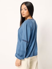 M&Co Blue Pintuck Trim Long Sleeve Blouse - Image 3 of 5