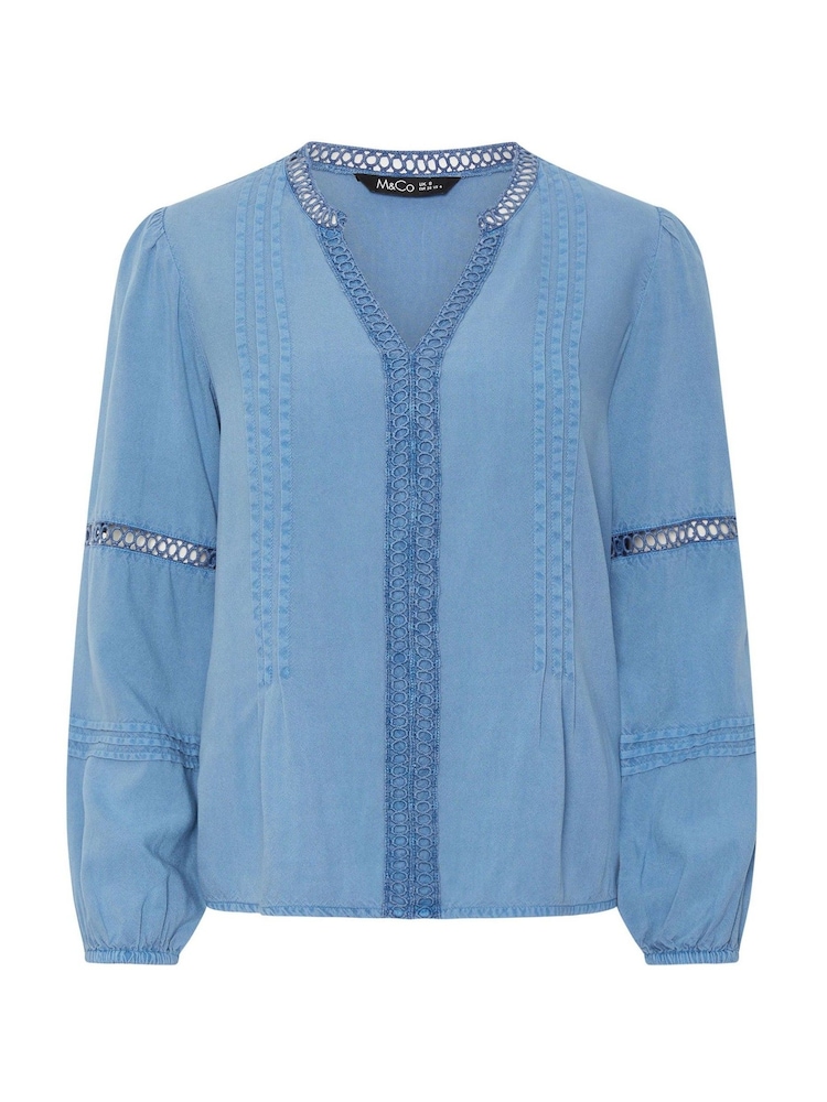 M&Co Blue Pintuck Trim Long Sleeve Blouse - Image 5 of 5